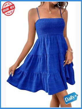 Sleeveless Smocked Cami Mini Dress A-Line Swing Summer Casual Cute Ruffle Hem